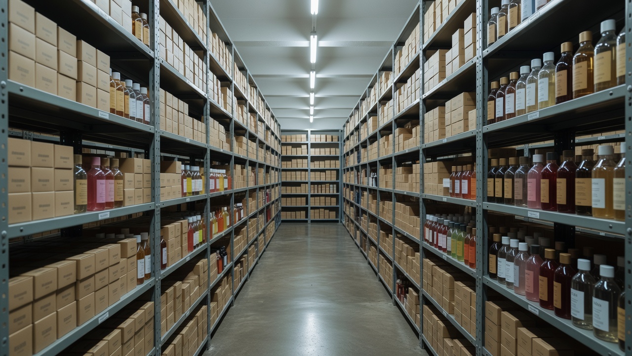 Neat rows of beauty bottles and cartons on warehouse shelves under cool LED light