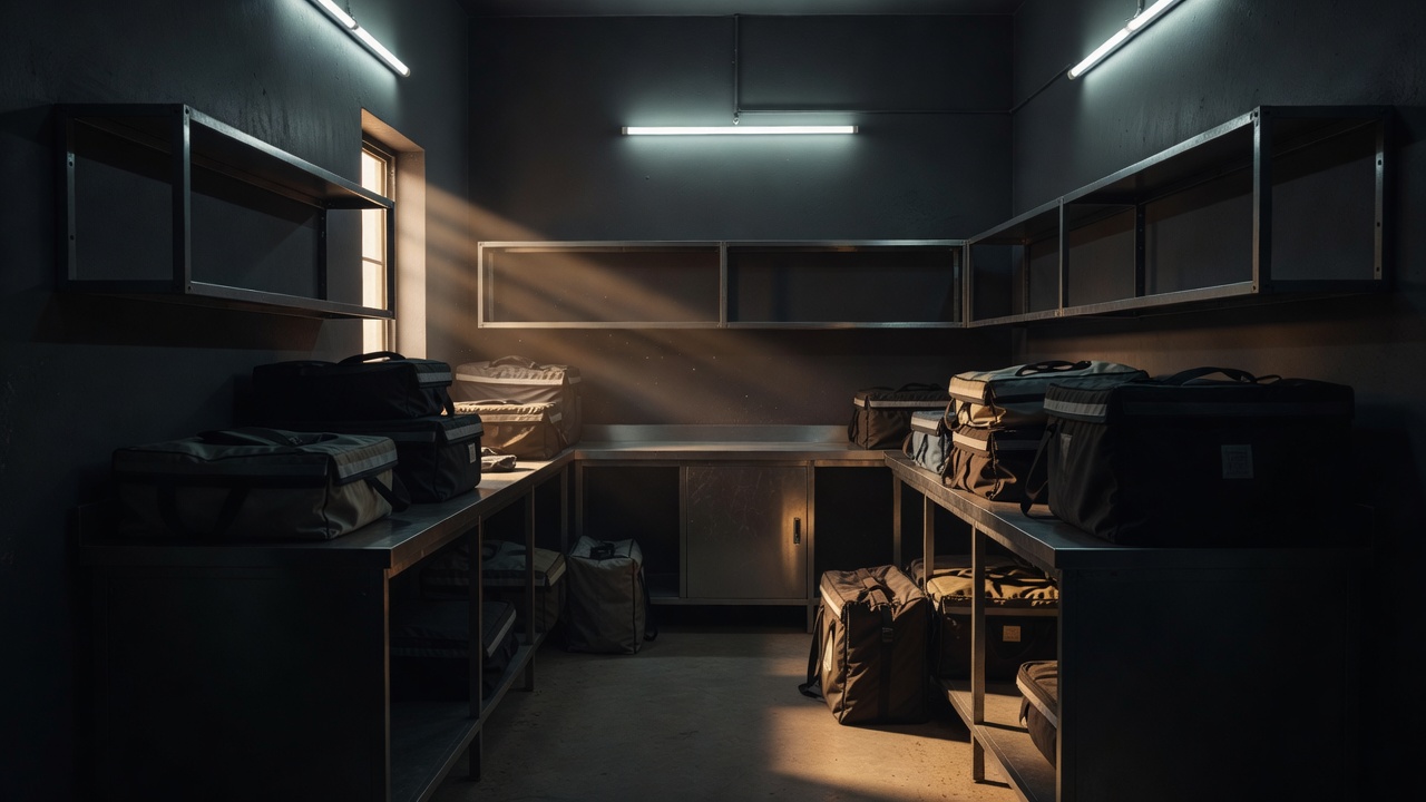 Empty stainless steel food prep counters and stacked delivery bags inside a compact dark store