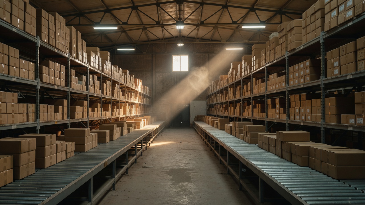 Large empty warehouse aisle with stacked cartons and conveyor belts under industrial lights