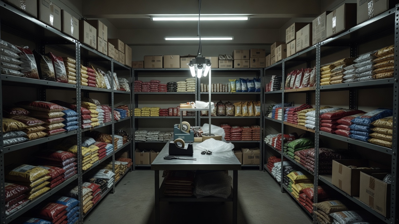 Compact empty dark store interior with shelving of grocery packs and packing table under cool LED light