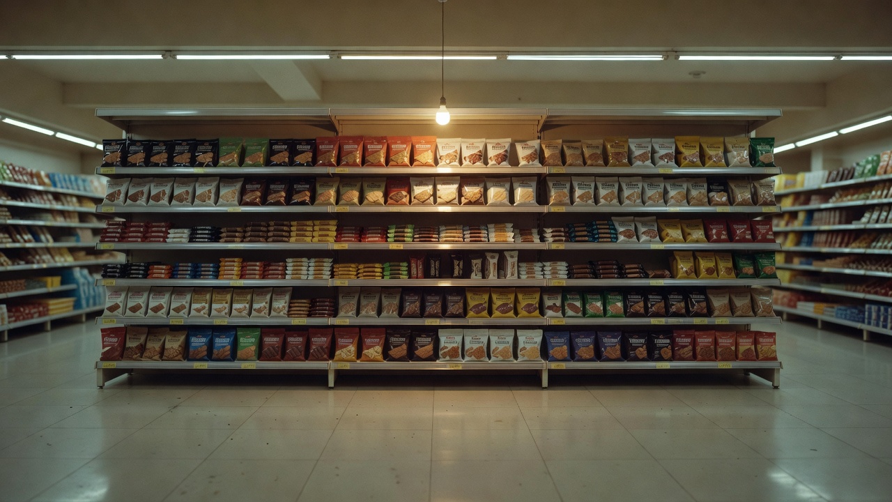 Simple retail shelf display of protein bars and clean-label snack packs under supermarket lighting