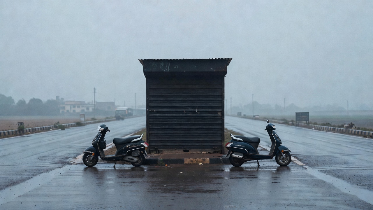 Quiet urban street corner with parked delivery bikes and closed shutter of a small warehouse at early morning light