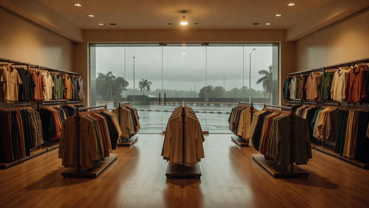 Empty multi-level fashion store interior with clothing racks and soft overhead lighting before opening