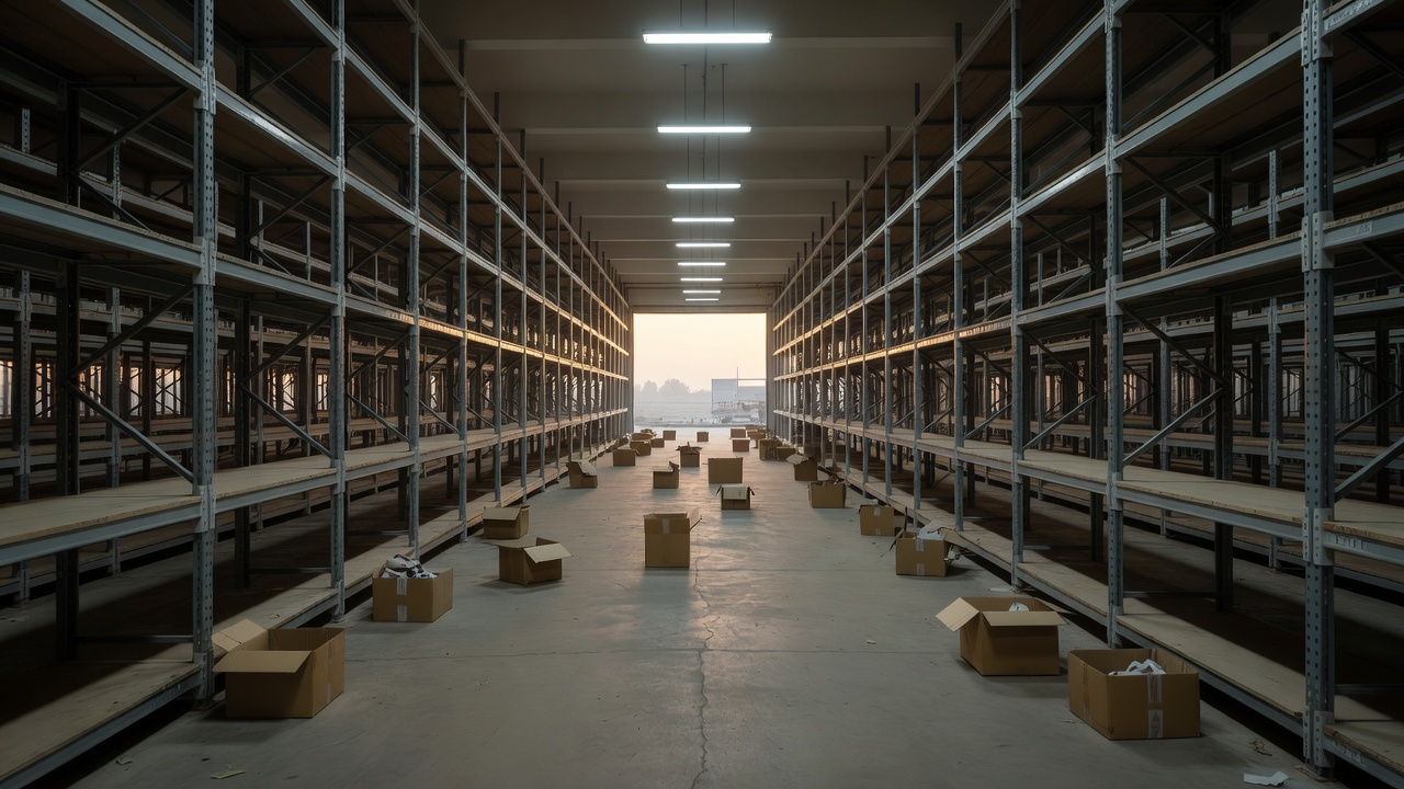 Vast empty warehouse interior with high racks and scattered cardboard cartons under industrial lights