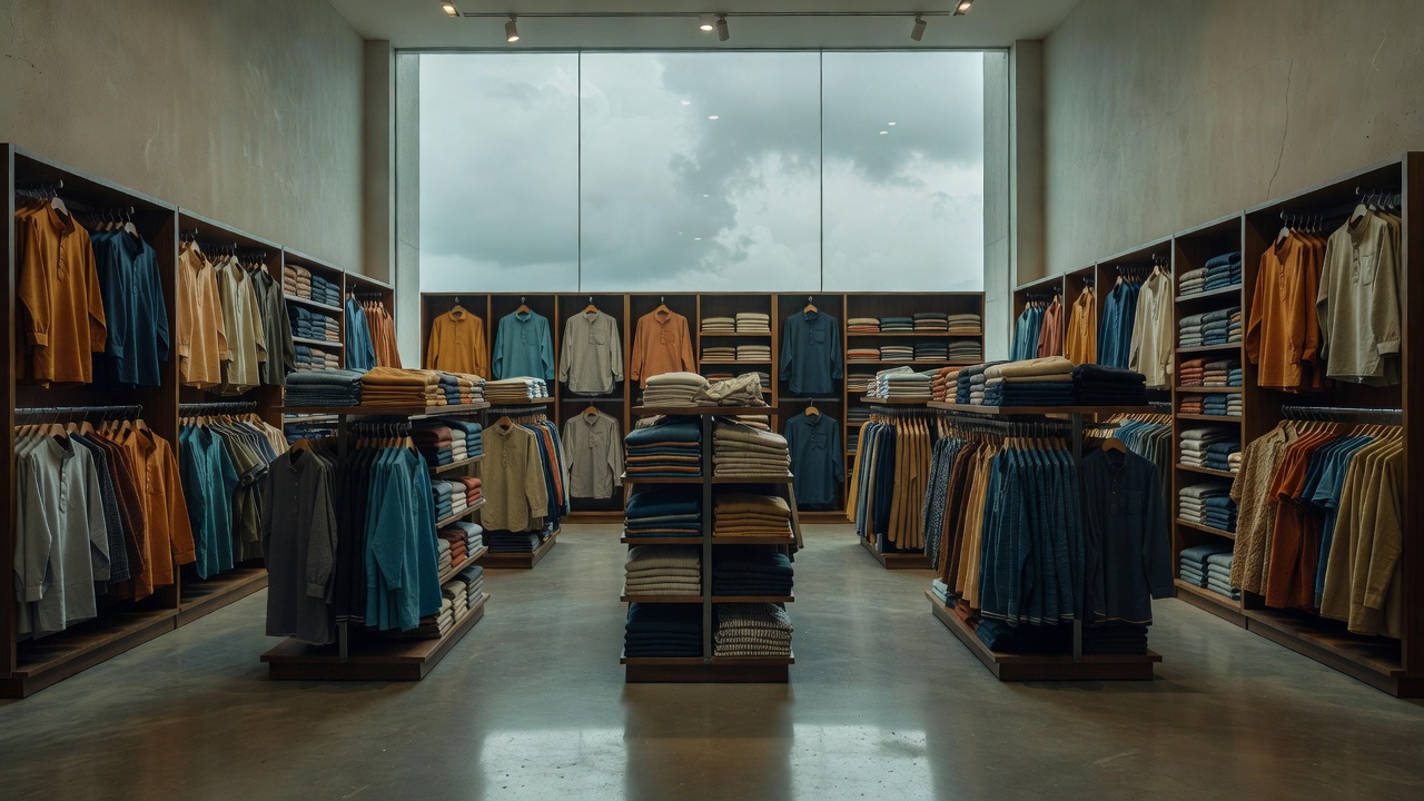 Empty mid-size department store aisle with hanging garments and soft overhead lights