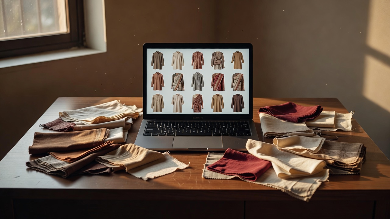 Laptop screen showing fashion product grid on a wooden desk with fabric swatches