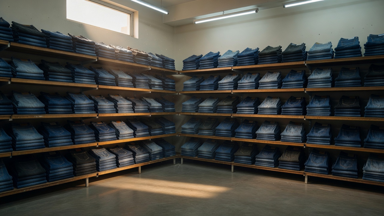 Denim display wall inside a bright department store corner with hanging jeans