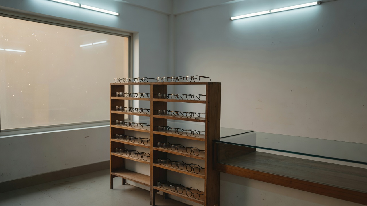 Empty optical store interior with rows of spectacle frames on glass shelves
