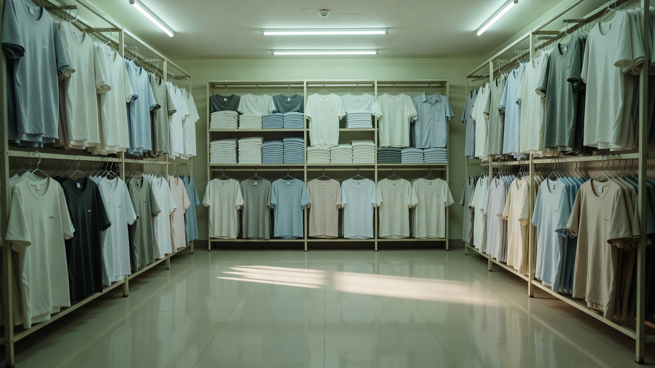 Empty value-fashion store interior with clothing racks and bright overhead lights