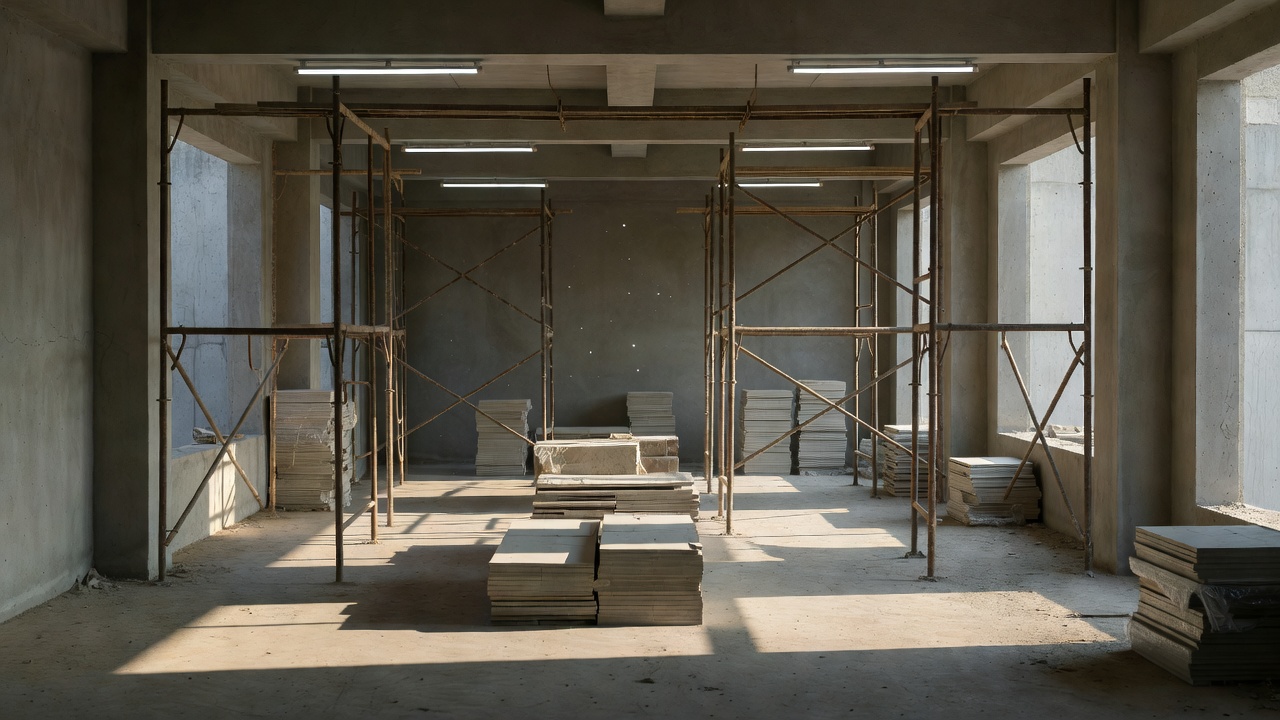 Empty retail construction site with scaffolding and stacked tiles under afternoon light