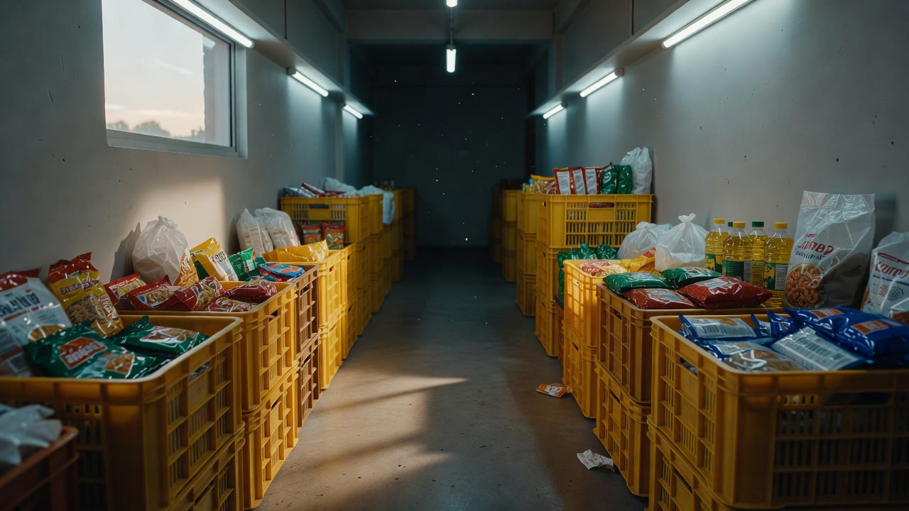 Worker picking groceries in a night-time dark store