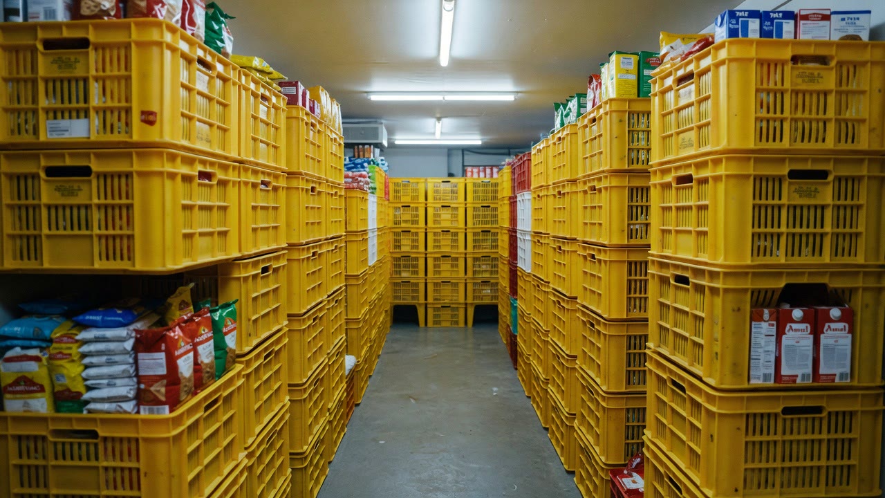 Quick-commerce dark store aisle at night
