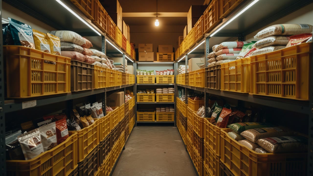 Dark store picking cart in a narrow grocery aisle