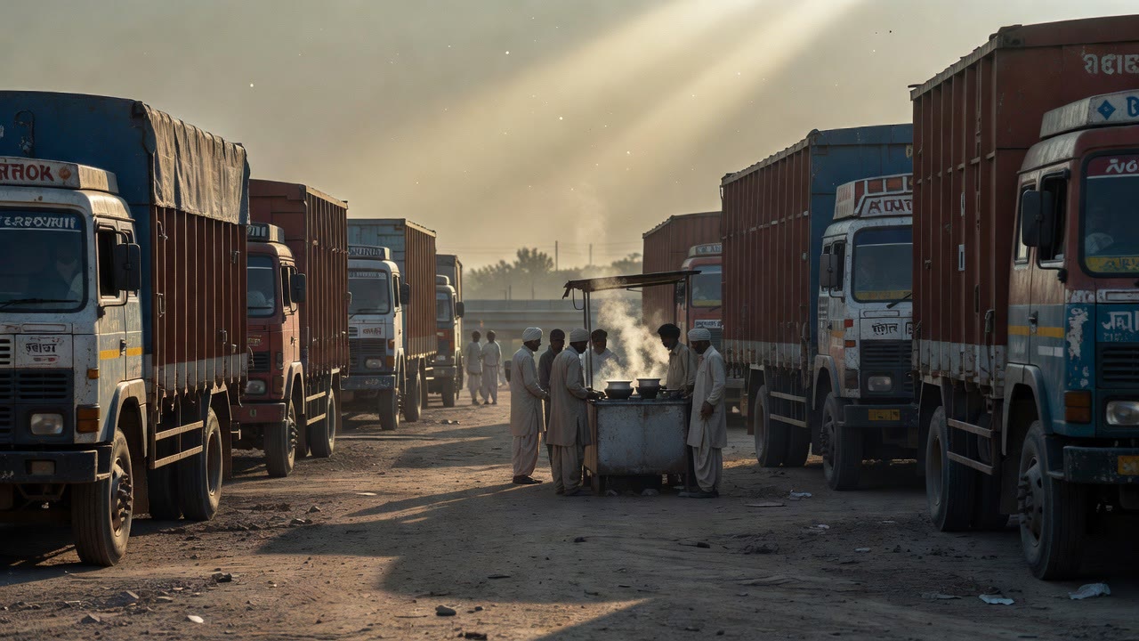 Foggy Indian highway with freight trucks