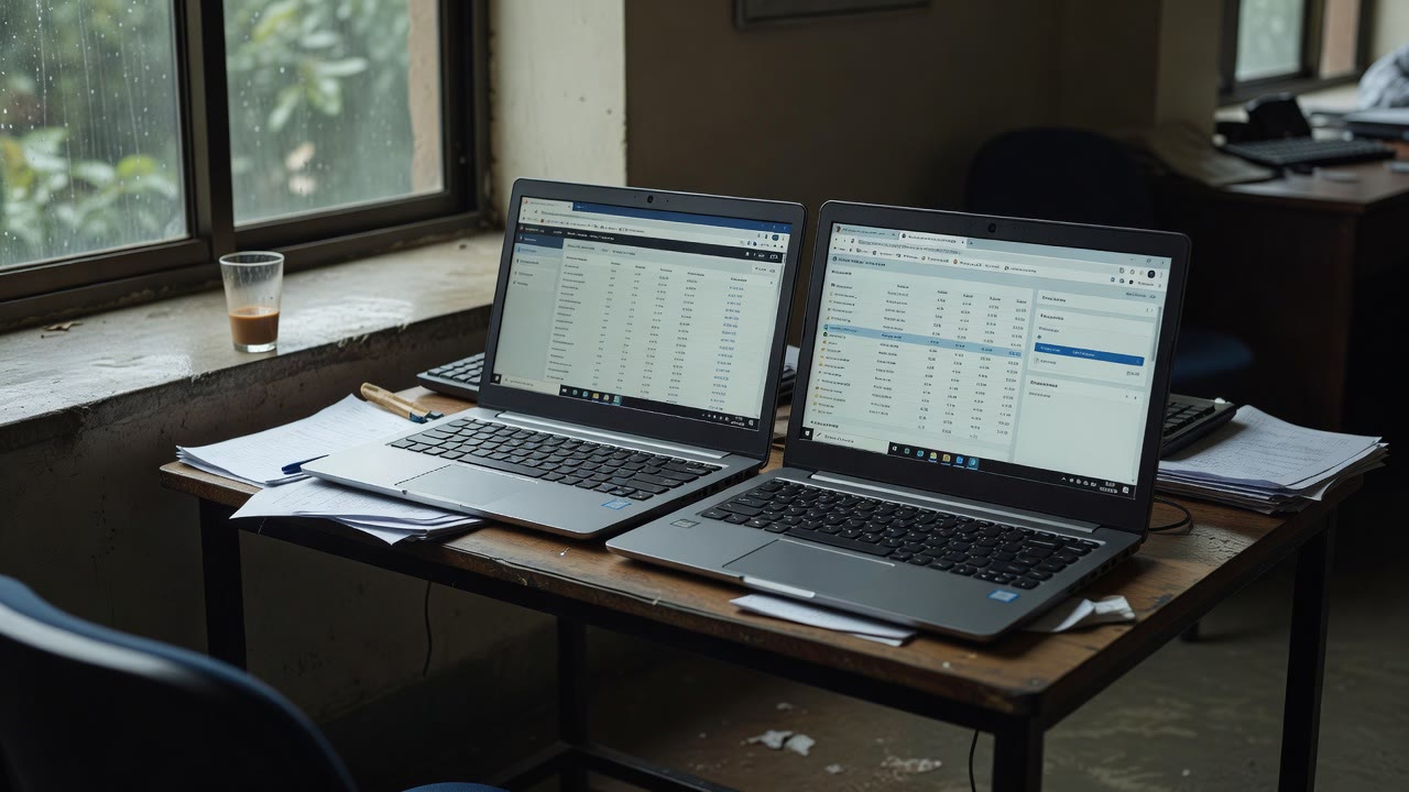Bengaluru SaaS office with laptops and monsoon light