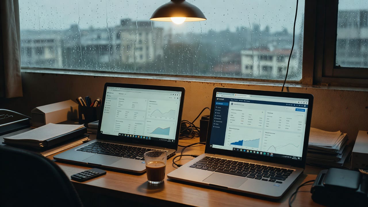 Calm Bengaluru SaaS office in monsoon light