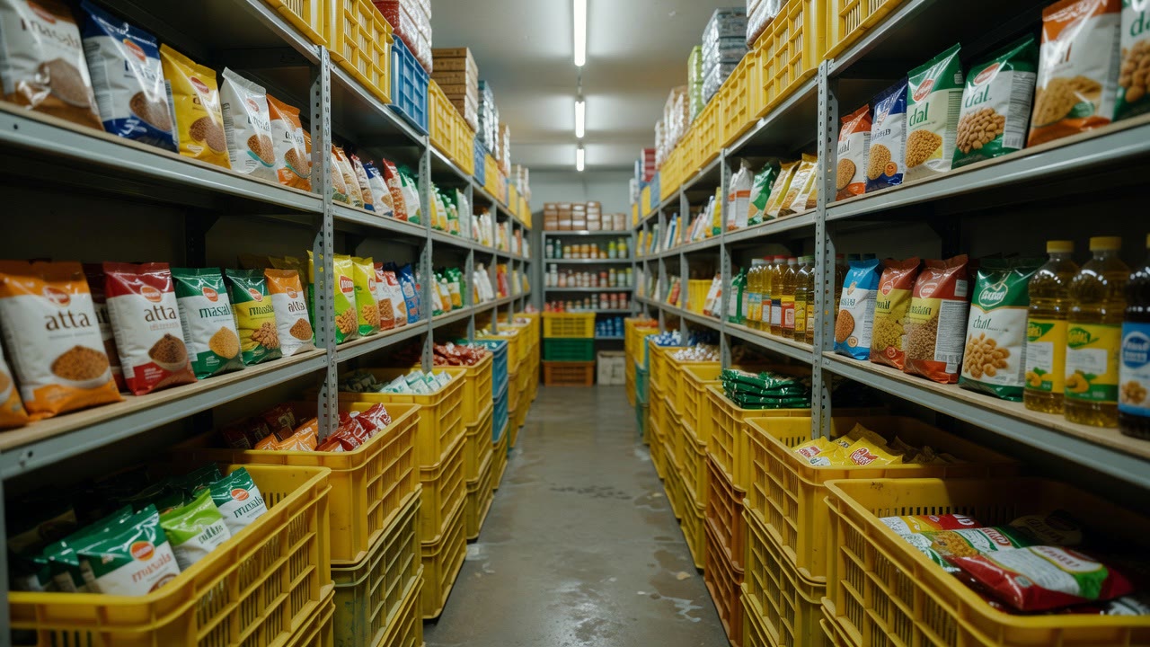 Night-time dark store aisle